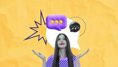 Konuşma baloncukları, soyut elementler ve iletişim kavramlarını temsil eden sarı dokulu arka planı olan dijital kolajlı uzun saçlı bir kadın.