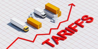 Yükselen gümrük vergisi oku olan şebeke arka planında kargo kamyonları, konteynırlar ve paketler. Ekonomik büyüme ve ticaret vergisinin etkilerini gösteren 3D oluşturma