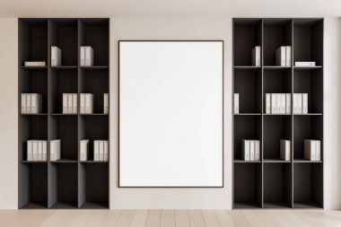 Minimalist iç mekan, aydınlık duvarda beyaz klasörlerle dolu karanlık kitaplıklarla çevrili büyük boş çerçeveli poster. Tarafsız tonlar, temiz tasarım. 3B Hazırlama