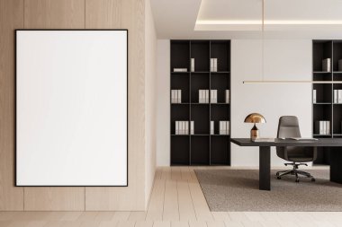 Ahşap duvarında, raflarında ve lambalı masasında boş posteri olan şık bir ofis. Temiz planlı çağdaş tasarım konsepti. 3B Hazırlama