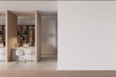 Poster modeli, ahşap masa bölümleri, raflar, temiz ışık düzeni, sunum düzeni için boş beyaz duvarı olan modern ofis içi. 3B Hazırlama