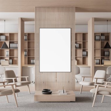 Tarafsız tonlarda, temiz mizanpaj ve açık arkaplanlı modern ofis içlerindeki gevşek ahşap duvarda dikey boş poster modeli sergilendi. 3B Hazırlama