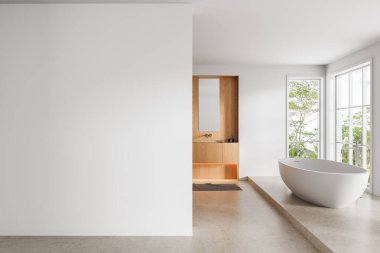 Beyaz serbest banyo küveti, ahşap kibir ve yerden tavana camlar, 3D tasarım, modern ev zarafeti kavramının yer aldığı şık minimalist banyo.