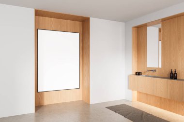Ahşap panelli modern banyo sahnesi, büyük boş çerçeve, yüzen kibir ve ayna, beton zemin ve beyaz duvarlar. 3B Hazırlama