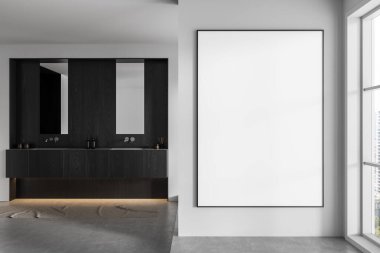 Modern banyonun ışık duvarında, temiz tasarım, beton zemin ve pencere ışığı, sunum için konsept ya da yerleşim konsepti olan boş poster modeli. 3B Hazırlama