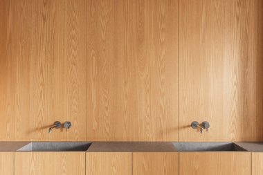 Modern ahşap mutfak içine kurulmuş minimalist musluklarla çift taraflı paslanmaz çelik lavabo, doğal ahşap doku arka plan, minimal ev hayatı konsepti, 3D görüntüleme