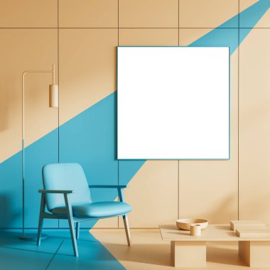 Soyut geometrik duvarda mavi koltuklu, yer lambalı ve ahşap masalı boş bir poster çerçevesi. Çağdaş dekor konsepti. 3B Hazırlama.