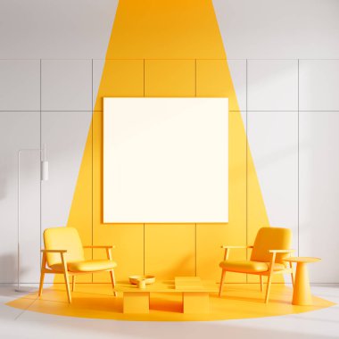 İçinde sarı sandalyeler ve kahve sehpası bulunan geometrik sarı ve beyaz bir duvarın üzerinde boş bir tuval bulunan parlak modern bir iç mekan. Minimalist tasarım konsepti. 3B Hazırlama