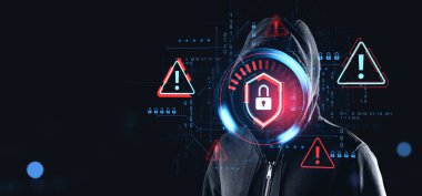 Dijital asma kilit ve uyarı simgeleri olan kapüşonlu biri, karanlık arka planda fütürist tarzı, siber güvenlik ve veri sızıntısı kavramı