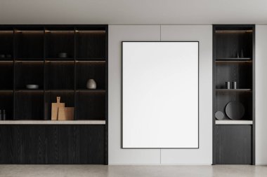 Parlak modern mutfak içinde boş dikey poster koyu ahşap raf ve yumuşak ışık arka planı, sunum ya da şablon için temiz düzen. 3B Hazırlama