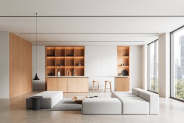 Modern minimalist oturma odası açık mutfak, ahşap dolaplar, yumuşak ışıklandırma, hafif mobilyalar ve şehir manzarasını gösteren büyük pencereler. 3B Hazırlama