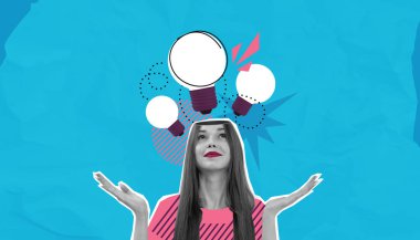 Açık kafalı ve yüzen ampulleri olan bir kadın yaratıcılığı ve fikirleri temsil ediyor, mavi arka planda modern kolaj tarzında. Yenilik kavramı
