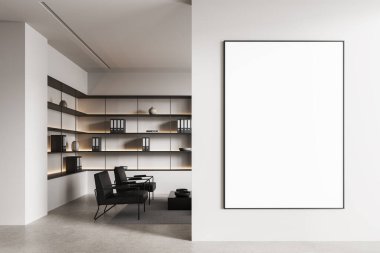 Çağdaş ofis içi, duvarında boş poster çerçevesi, dekorlu raflar ve oturma alanı var. Minimalist tasarım ve temiz bir düzen. 3B Hazırlama.