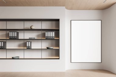 İçinde raflar, dekoratif eşyalar olan çağdaş bir ofis ve beyaz bir duvarda çerçevelenmiş boş bir poster. Yumuşak ışıklandırmalı minimalist tasarım. 3B Hazırlama.