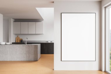 Parlak minimalist mutfakta duvarda boş dikey poster, temiz bir düzen, açık ahşap zemin ve pencere manzaralı. 3B Hazırlama