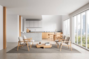 Modern açık-planlı oturma odası ve mutfak İskandinav mobilya tasarımı, tarafsız tonlar, büyük pencereler, şehir manzarası arka planı. Minimum zarafet kavramı. 3B Hazırlama