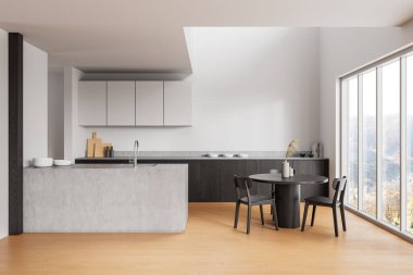 Çağdaş mutfak, temiz hatlar, yuvarlak yemek masası, ahşap aksanlar, ve modern mimari iç mimarinin geniş pencereleri. 3B Hazırlama