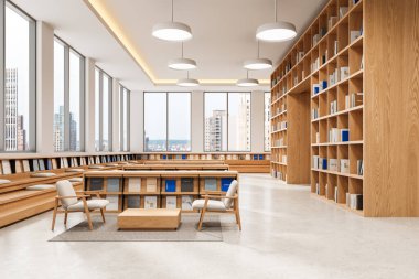Geniş modern kütüphane içi, ahşap kitaplıklar, geniş pencereler ve rahat koltuklar. Doğal ışık ve şehir manzaralı minimalist tasarım. 3B Hazırlama