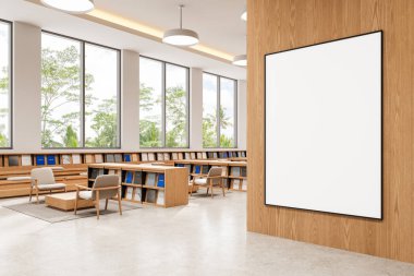 Çağdaş kütüphane, ahşap bir duvarda geniş çerçeveli boş bir poster, kitap rafları, sandalyeler ve doğal ışık ile büyük pencereler. İç tasarım konsepti. 3B Hazırlama.