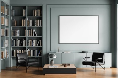 Modern oturma odasının içi duvarında büyük boş bir poster, şık mobilyalar, ve temiz mizanpaj kitaplıkları, tasarım sunumu için mükemmel. 3B Hazırlama