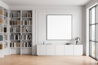 Aydınlık modern odada, rafı, ahşap zemini ve temiz tasarım sunumu için beyaz dolabı olan ışık duvarında boş poster modeli. 3B Hazırlama