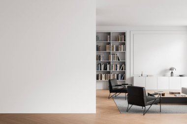 Parlak modern oturma odasında boş beyaz duvar modeli, temiz bir düzen, kitaplık ve çağdaş mobilyalar. 3B Hazırlama