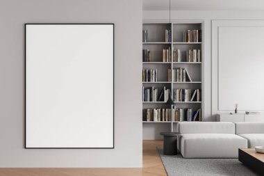 Modern bir oturma odasındaki aydınlık bir duvara dikey boş poster çerçevesi. Tasarım sunumu için en az dekor, en az tasarım şablonu. 3B Hazırlama