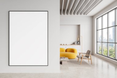 Minimalist iç mekan, ışık duvarında boş çerçeveli poster, şık mobilyalar ve şehrin ufuk çizgisini gösteren büyük pencereler. Reklam ya da markalaşma kavramı. 3B Hazırlama.