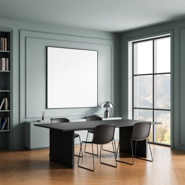 Boş posterli, modern mobilyalı ve büyük pencereli, temiz ofis odası. 3B Hazırlama, tasarım düzeni sunumu konsepti