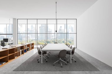 Geniş bir modern konferans odası geniş pencereli, minimalist mobilyalı ve şehir manzaralı. Zarif iş yeri tasarımı konsepti. 3B Hazırlama