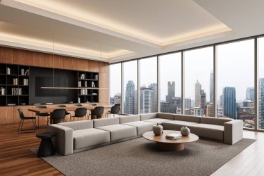 Ahşap aksanlı, geniş pencereli ve şehir silueti manzaralı açık bir yaşam ve yemek alanı olan modern bir iç mekan. Modern tasarım konsepti. 3B Hazırlama.