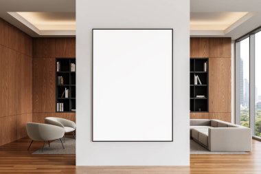 Minimalist iç mekan, beyaz bir duvarda büyük boş bir poster, ahşap paneller ve şehir manzaralı parlak bir odada modern mobilyalar. 3B Hazırlama