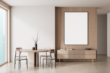 Minimalist yemek odasındaki dolabın üstündeki ahşap duvarda, içi açık ahşap mobilya ve kopyalama alanı olan temiz boş poster modeli. 3B Hazırlama