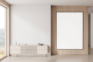 Minimalist odasındaki ahşap duvarda boş poster modeli, temiz iç mekan stili, parlak arka plan, tasarım ya da sunum konsepti. 3B Hazırlama