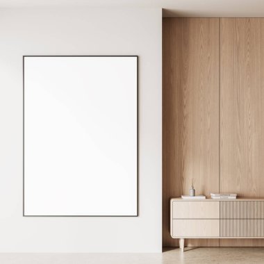 Modern iç mekanda, içinde ahşap dolap ve kitaplar olan boş duvarda boş bir poster, tasarım sunumu ya da poster modeli için temiz bir mizansen. 3B Hazırlama