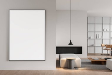 Geniş, modern bir iç mekan. Duvarında kocaman boş bir poster, zarif mobilyalar ve parlak yaşam alanında minimalist raflar var. Sunum için mükemmel. 3B Hazırlama.