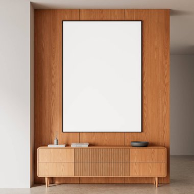 Temiz ahşap büfenin üstündeki ahşap duvarda boş beyaz alan, minimal iç dekorasyon, açık arkaplan. 3B Hazırlama