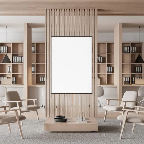 Tarafsız tonlarda, temiz mizanpaj ve açık arkaplanlı modern ofis içlerindeki gevşek ahşap duvarda dikey boş poster modeli sergilendi. 3B Hazırlama