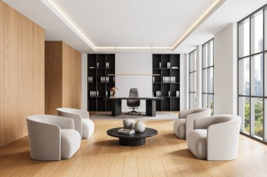 Modern mobilyaları, ahşap unsurları ve büyük pencereleri olan şık bir ofis. Tarafsız tonlar ve minimalist tasarım profesyonel bir atmosfer yaratır. 3B Hazırlama