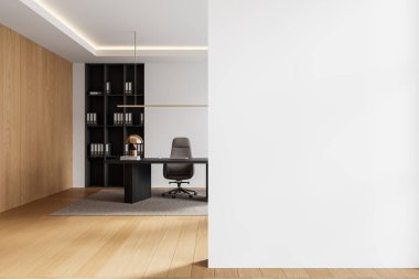 Çağdaş ofis alanı parlak bir masa, sandalye ve raf ünitesi içeriyor. Model için büyük boş bir beyaz duvarı var. Tahta elementli minimalist tasarım. 3B Hazırlama