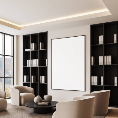Duvarında boş çerçeveli tuval, bej koltuklar, kitaplıklar ve sehpası olan modern bir ofis. Doğal ışıklandırmalı tarafsız dekor. 3B Hazırlama