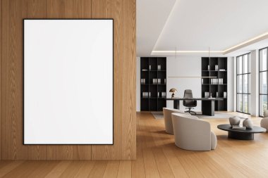 Modern ofis içinde ahşap bir duvarda boş çerçeveli poster. Mobilyaları, geniş pencereleri ve arka planda kitaplıkları var. Model konsepti. 3B Hazırlama.