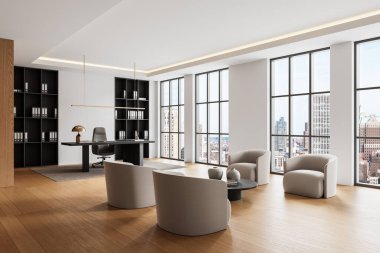 Zeminden tavana pencereleri, modern mobilyaları, ahşap döşemeleri ve şehir manzarası olan zarif modern ofis iç mimarisi. 3B Hazırlama