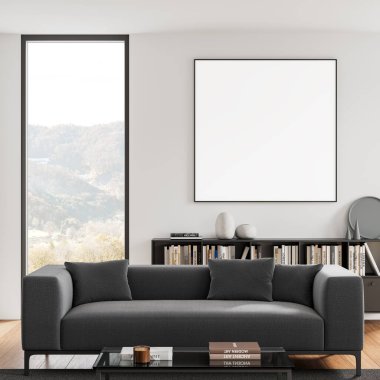 Modern bir oturma odasında rafta asılı boş kare poster modeli, temiz bir duvar, ve büyük bir pencere. 3B Hazırlama