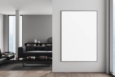 Modern oturma odasındaki boş duvarda temiz iç tasarımı, minimalist mobilyaları ve zarif bir sunum için geniş pencereleri olan boş bir poster. 3B Hazırlama