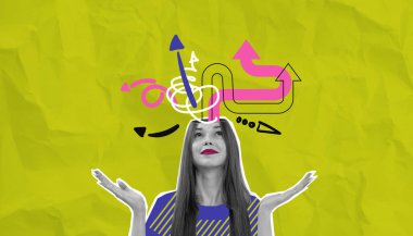 Kafasından çıkan soyut oklar ve karalamalarla buruşuk sarı bir arka planda yaratıcı düşünceyi sembolize eden genç bir kadın.