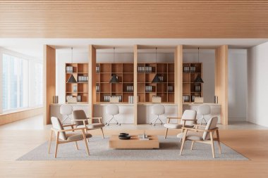 Ahşap mobilyaları ve minimalist tarzda açık rafları olan çağdaş ofis alanı, parlak bir iç arka plan üzerine kurulmuş. Modern çalışma alanı kavramı. 3B Hazırlama