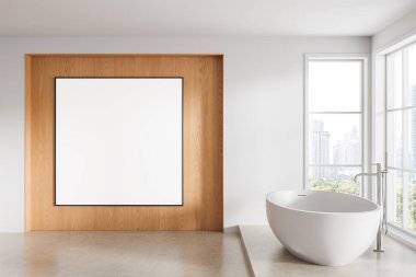 Ahşap duvarında boş poster çerçevesi olan parlak bir banyo, geniş pencereli temiz modern küvet, açık arkaplan. Poster modeli kavramı. 3B Hazırlama