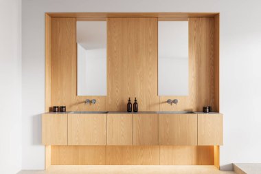 Çift lavabo süsü, beyaz arka planda hafif ahşap dolaplar, aynalar ve beton tezgah, minimalist tarzda. Modern tasarım kavramı. 3B Hazırlama