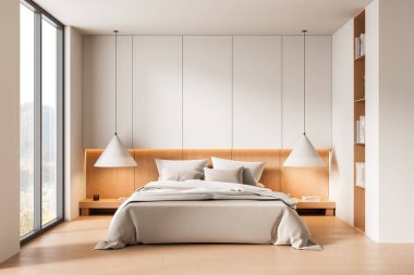 Saf bej yatak odasının içi, ahşap yatak başlığı, parlak arka planda minimalist tarzda kolye ışıkları. Rahatlık kavramı. 3B Hazırlama